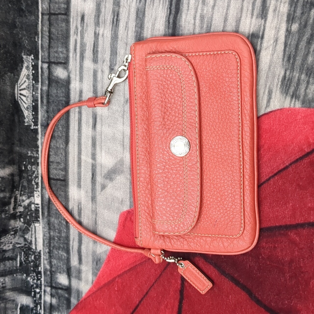 COACH Hamilton Pebble Leather Flap Wristlet Geranium Coral